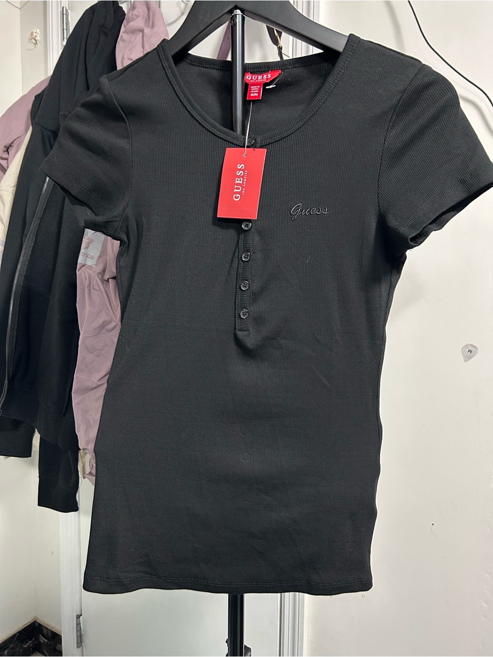 GUESS Black Ribbed Henley Short Sleeve Top